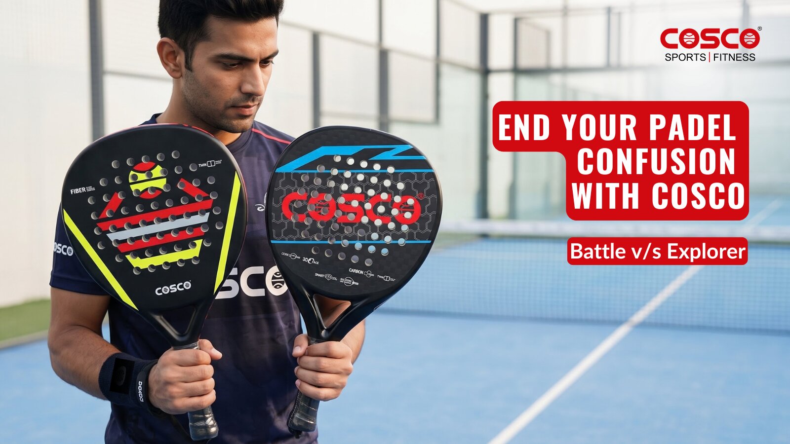  COSCO Battle 100% carbon padel racket with 420D full cover; COSCO Explorer 12K carbon padel racket with PU full cover; COSCO Battle and Explorer carbon padel rackets available in India.
